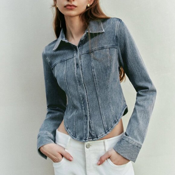 Urban Revivo Button Up Skinny Denim Shirt - Picture 1 of 4